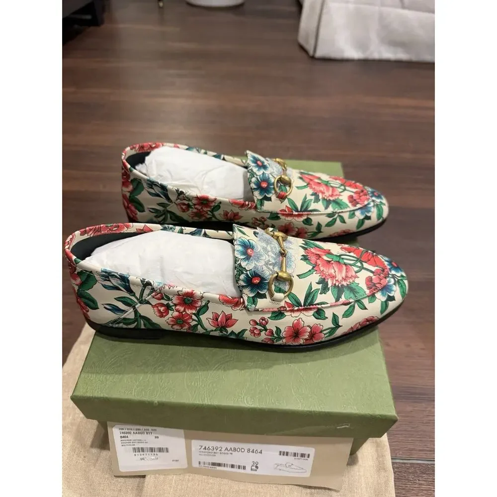 Gucci NWT Moccasin Leather Wexford Brit Roses Multicolor MSRP$1050 Size 39